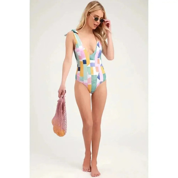 NWT Lulus Make Waves Aqua Multi Print Tie-Strap One-Piece Swimsuit Size Small - Picture 1 of 8